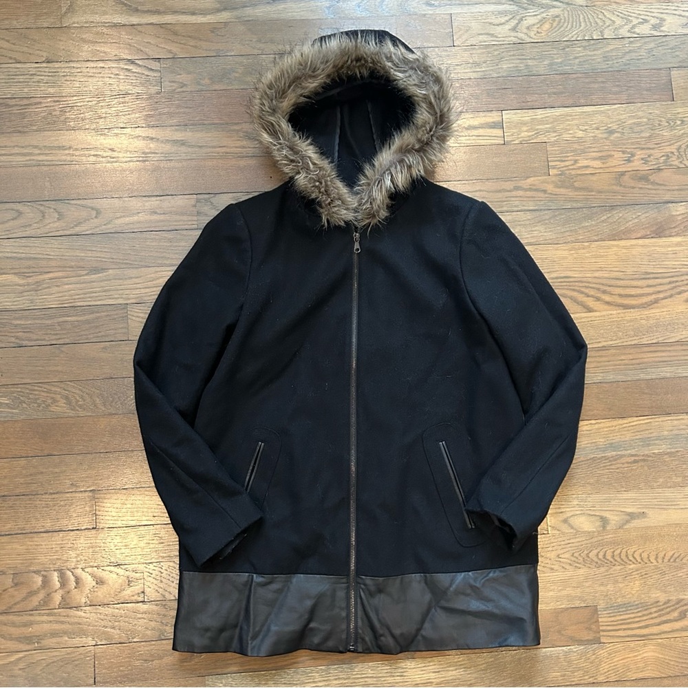 Banana Republic medium petite black wool blend jacket faux leather and faux fur